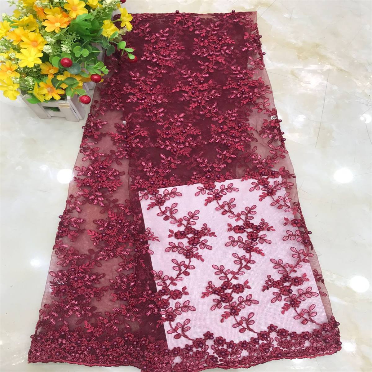 1 Yard Corded Sequined Pearls Beaded Embroidered Lace Material Fabric