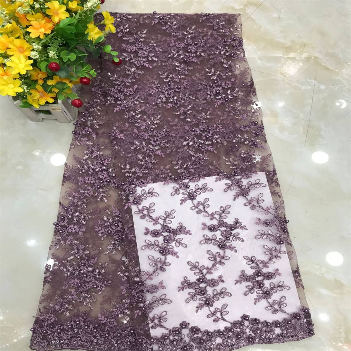 1 Yard Corded Sequined Pearls Beaded Embroidered Lace Material Fabric