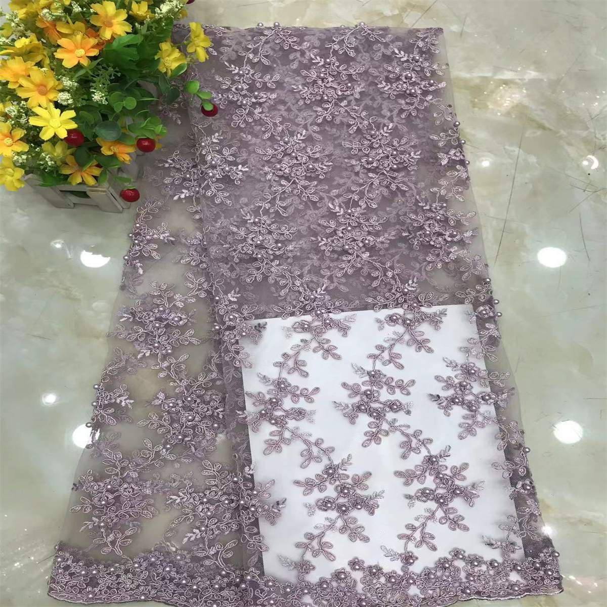 1 Yard Corded Sequined Pearls Beaded Embroidered Lace Material Fabric