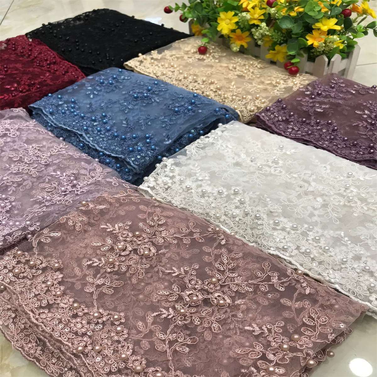 1 Yard Corded Sequined Pearls Beaded Embroidered Lace Material Fabric