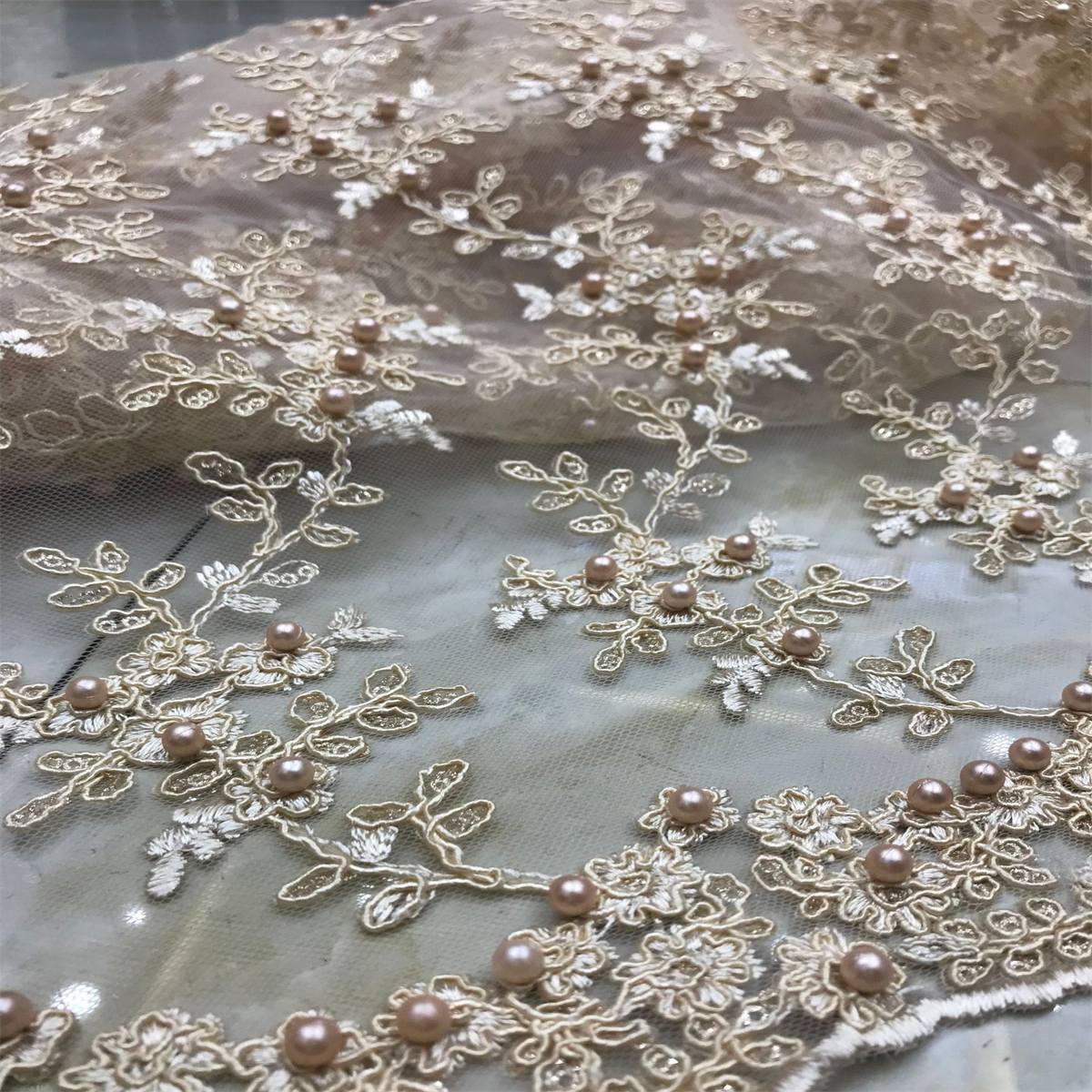 1 Yard Corded Sequined Pearls Beaded Embroidered Lace Material Fabric