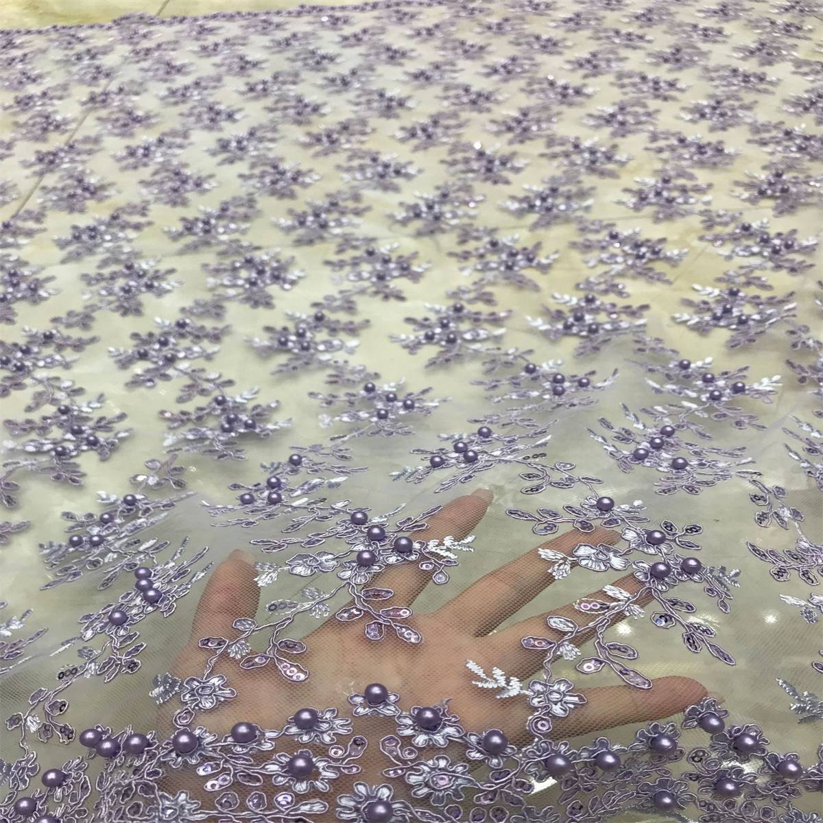 1 Yard Corded Sequined Pearls Beaded Embroidered Lace Material Fabric