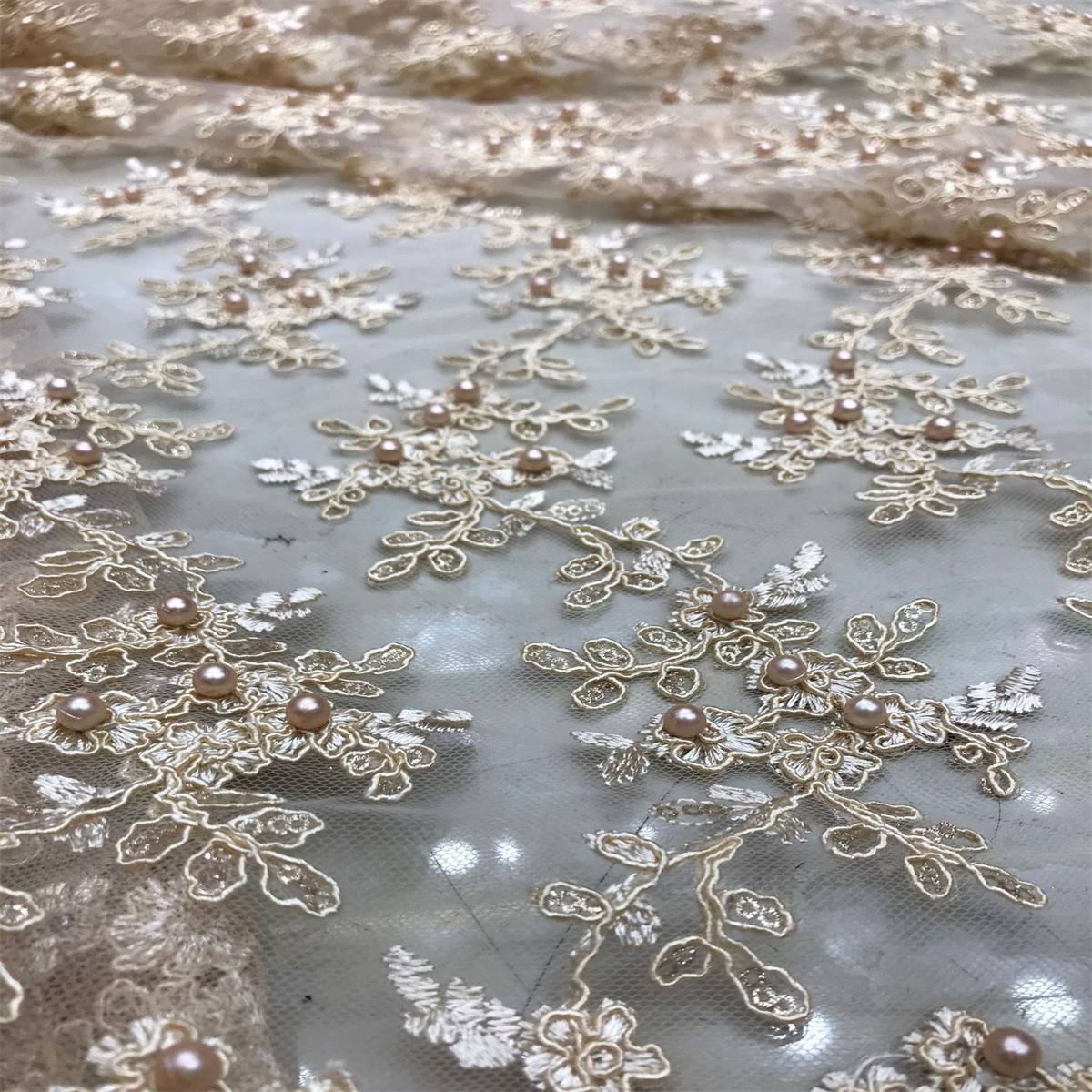 1 Yard Corded Sequined Pearls Beaded Embroidered Lace Material Fabric