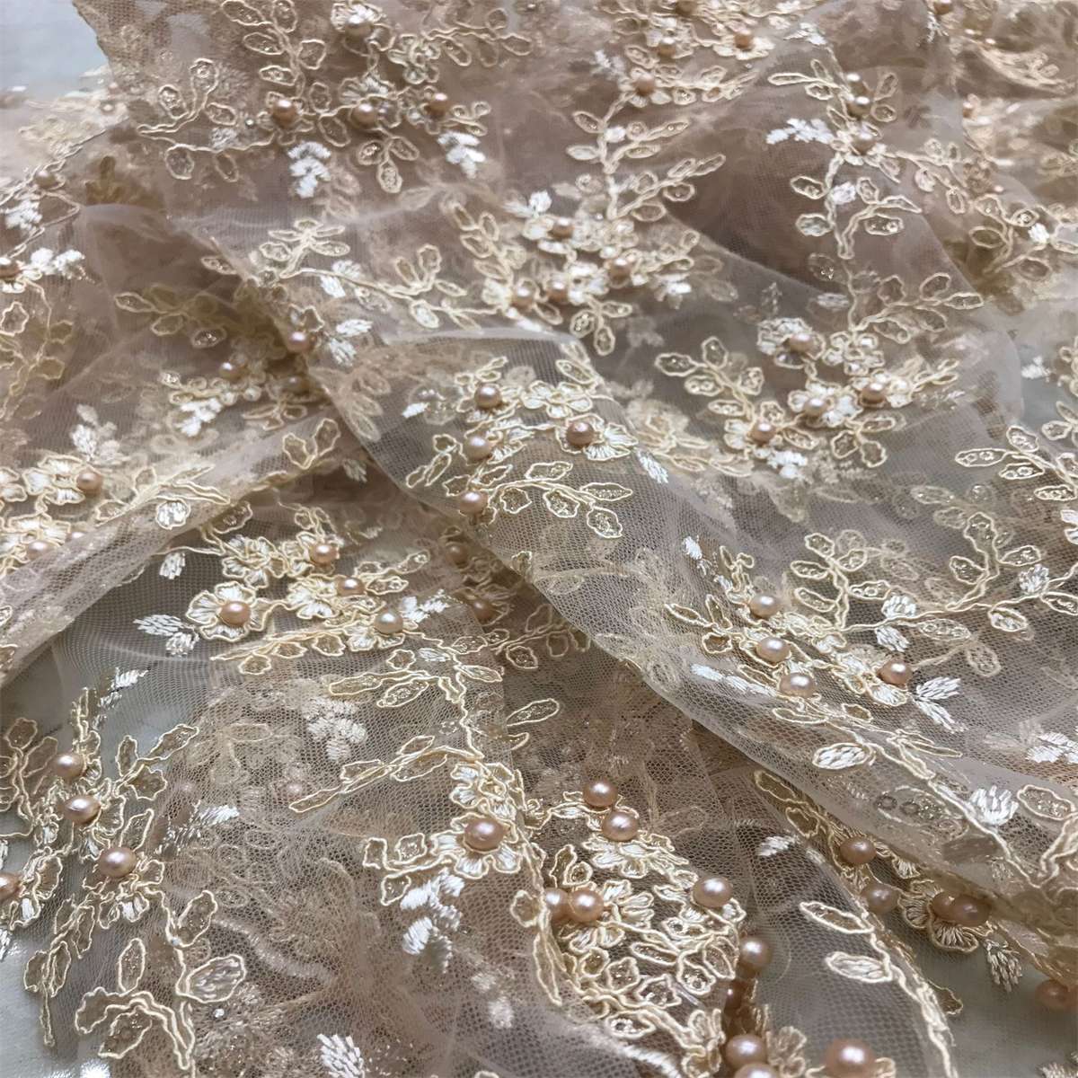 1 Yard Corded Sequined Pearls Beaded Embroidered Lace Material Fabric