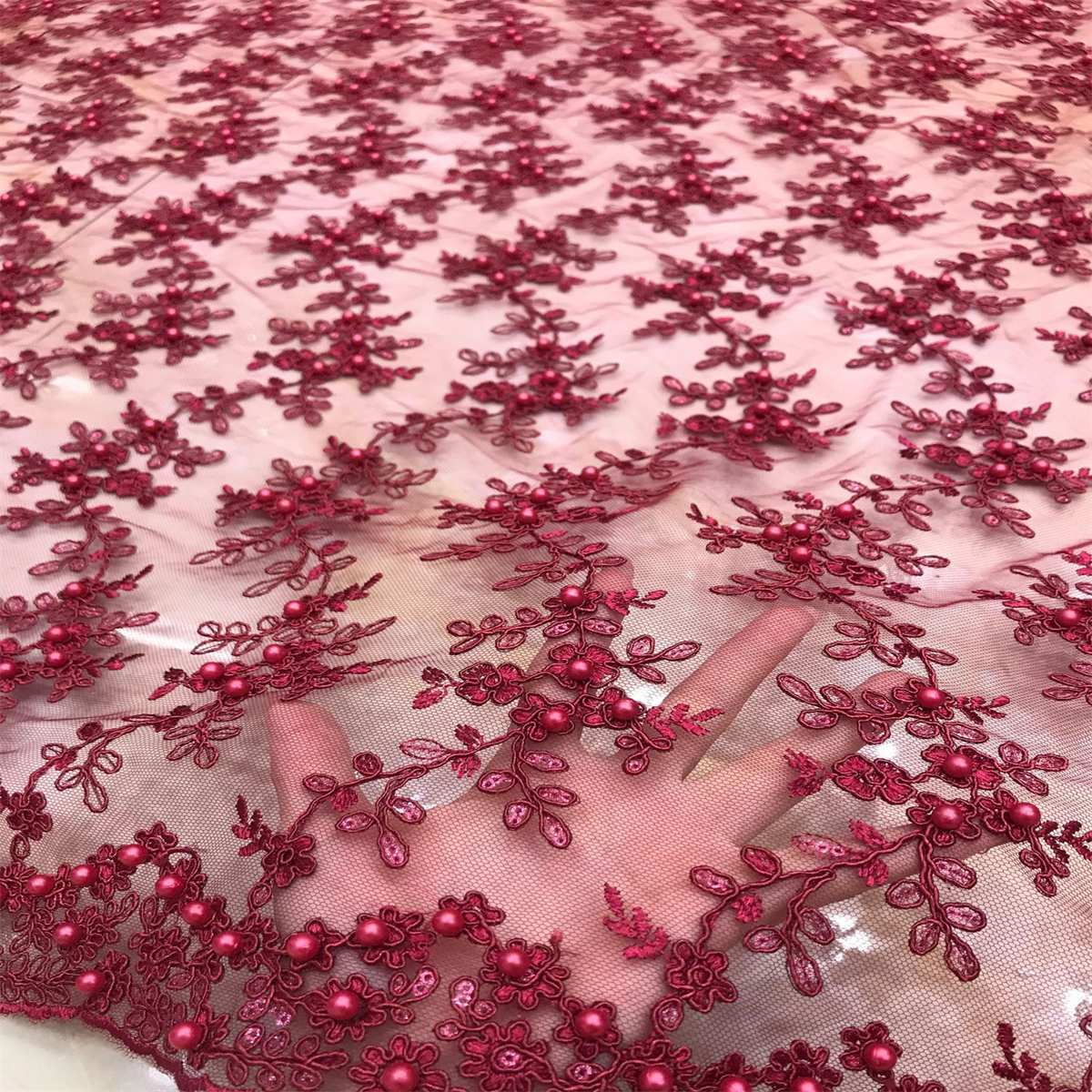 1 Yard Corded Sequined Pearls Beaded Embroidered Lace Material Fabric