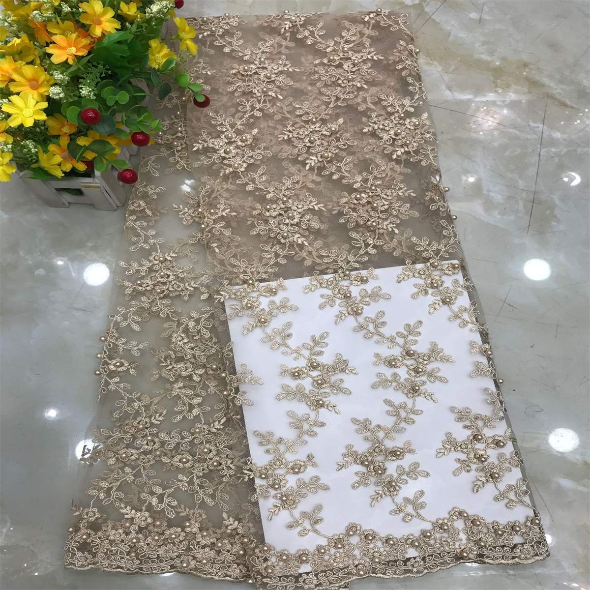1 Yard Corded Sequined Pearls Beaded Embroidered Lace Material Fabric