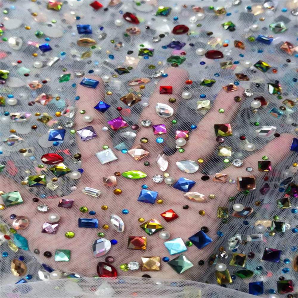 5 Yards Luxury Colorful Crystal Pearl Rhinestone Beaded Lace Fabric for Evening Gowns