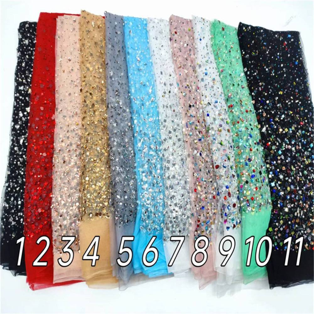5 Yards Luxury Colorful Crystal Pearl Rhinestone Beaded Lace Fabric for Evening Gowns