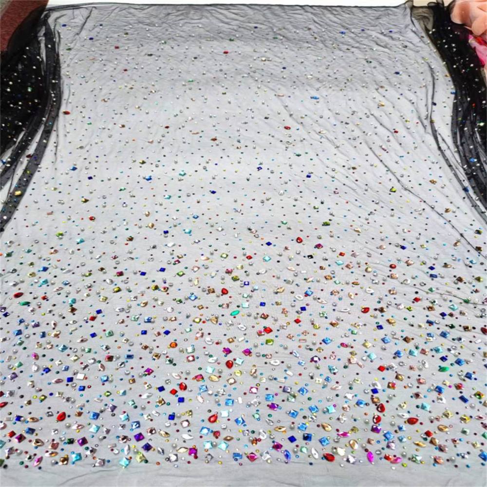 5 Yards Luxury Colorful Crystal Pearl Rhinestone Beaded Lace Fabric for Evening Gowns