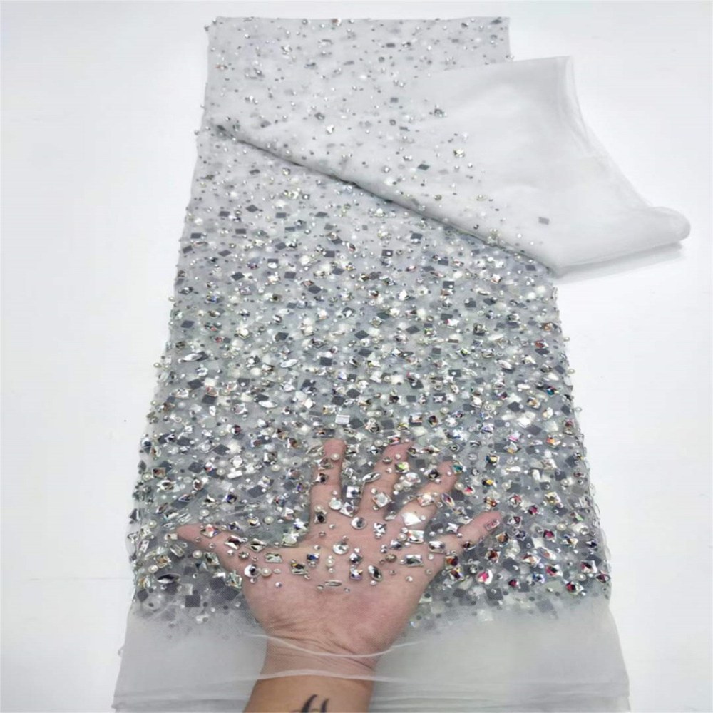 5 Yards Luxury Colorful Crystal Pearl Rhinestone Beaded Lace Fabric for Evening Gowns