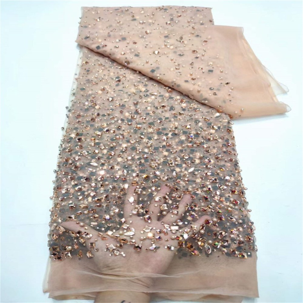 5 Yards Luxury Colorful Crystal Pearl Rhinestone Beaded Lace Fabric for Evening Gowns