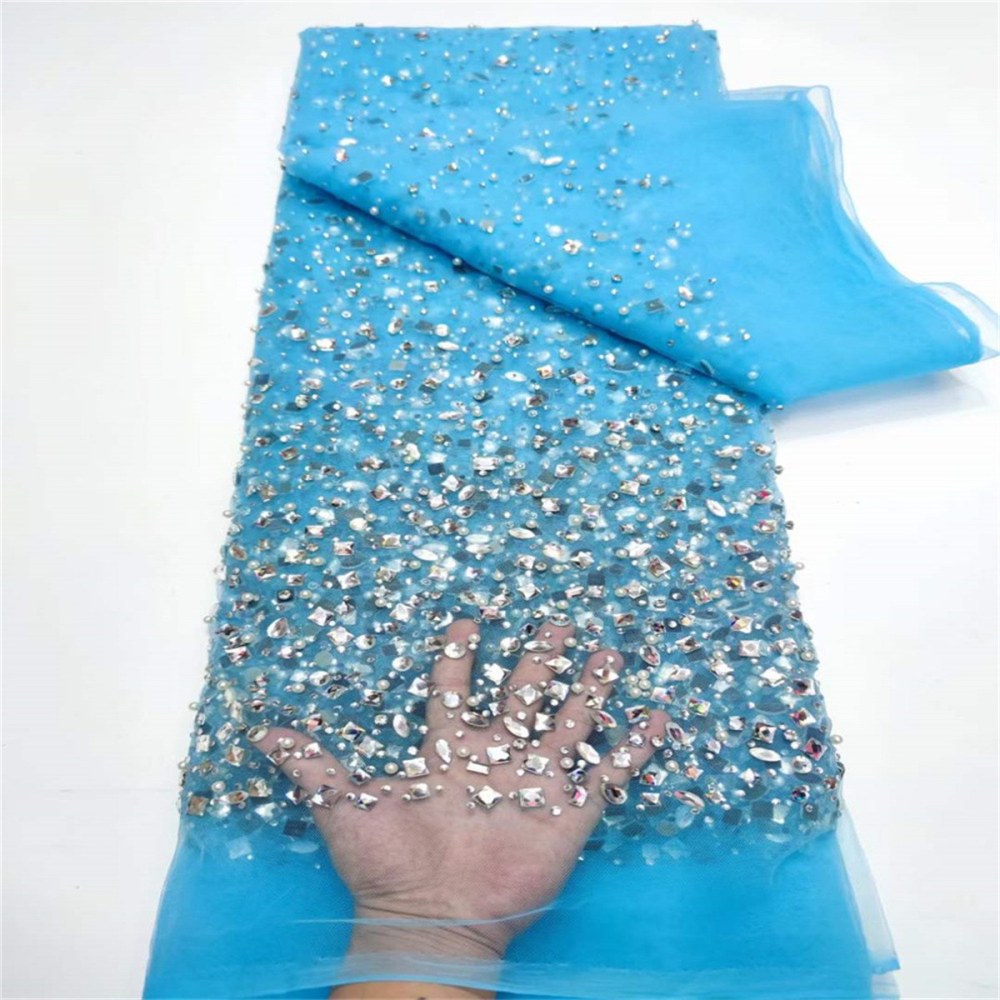 5 Yards Luxury Colorful Crystal Pearl Rhinestone Beaded Lace Fabric for Evening Gowns