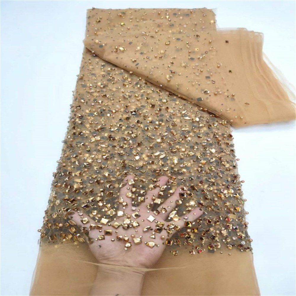 5 Yards Luxury Colorful Crystal Pearl Rhinestone Beaded Lace Fabric for Evening Gowns