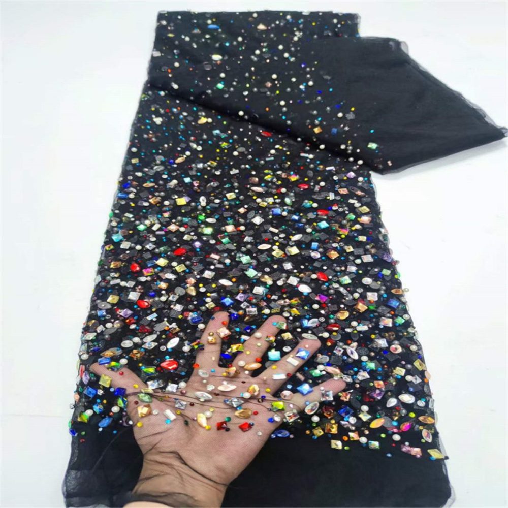 5 Yards Luxury Colorful Crystal Pearl Rhinestone Beaded Lace Fabric for Evening Gowns