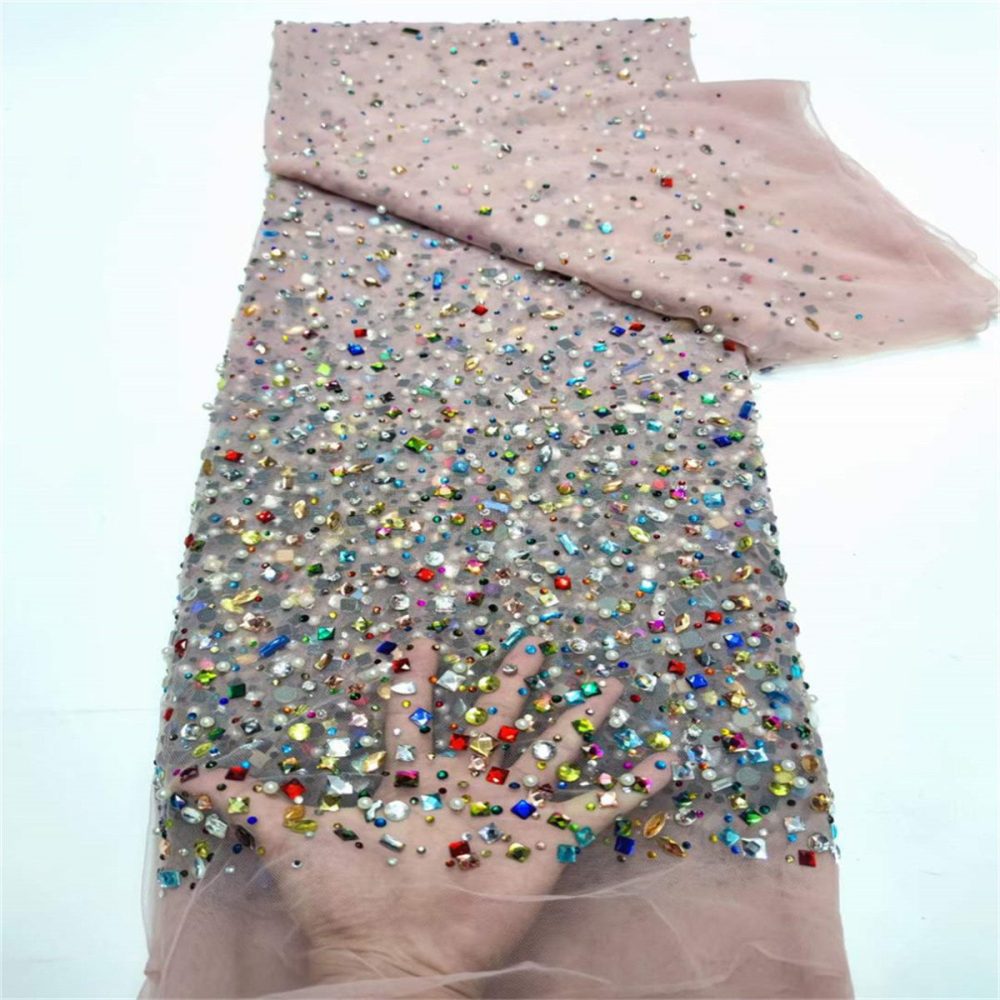 5 Yards Luxury Colorful Crystal Pearl Rhinestone Beaded Lace Fabric for Evening Gowns