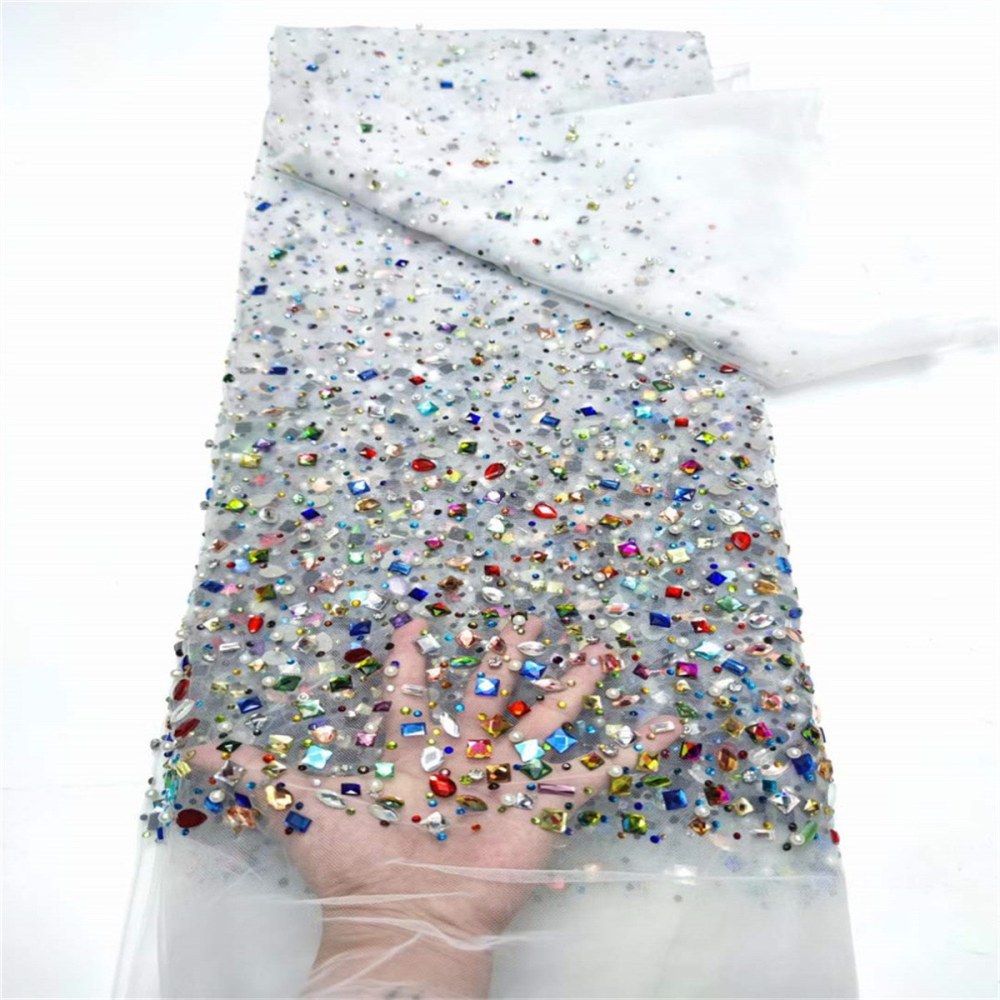 5 Yards Luxury Colorful Crystal Pearl Rhinestone Beaded Lace Fabric for Evening Gowns