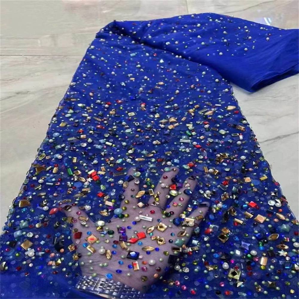 5 Yards Luxury Colorful Crystal Pearl Rhinestone Beaded Lace Fabric for Evening Gowns