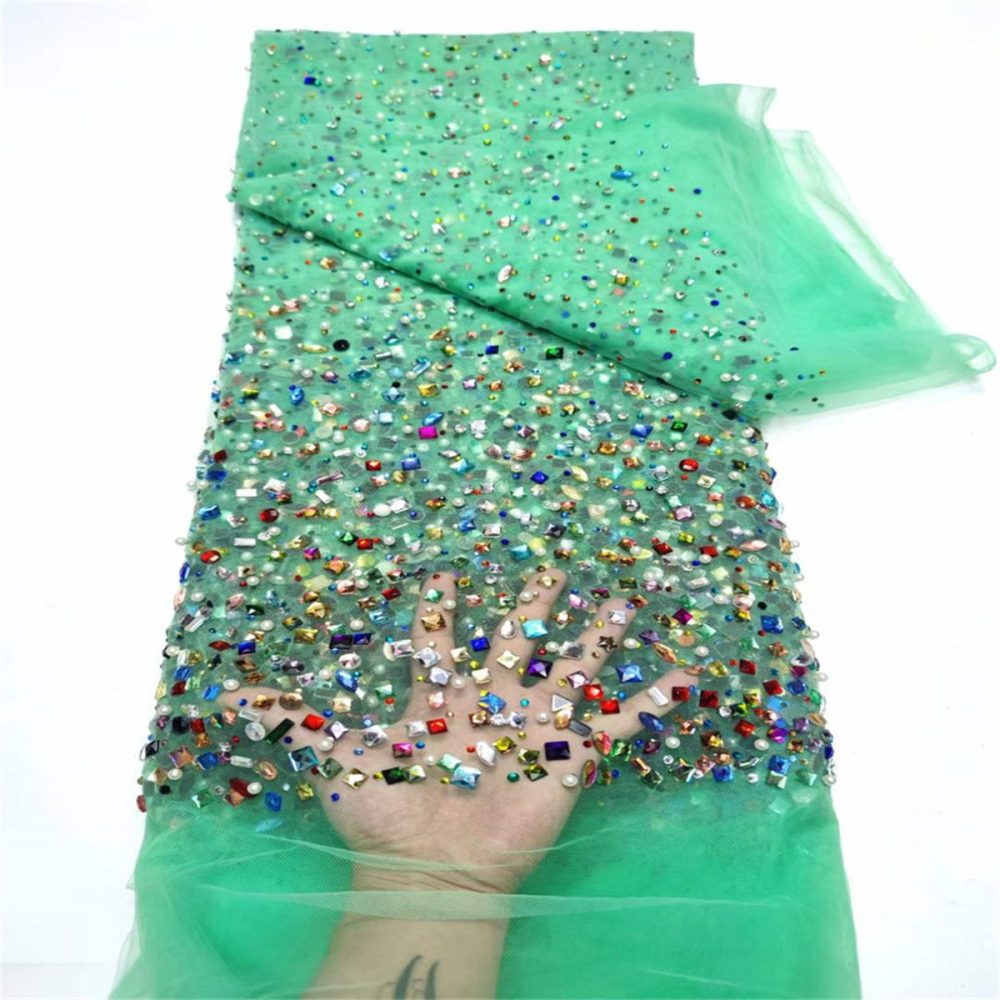 5 Yards Luxury Colorful Crystal Pearl Rhinestone Beaded Lace Fabric for Evening Gowns