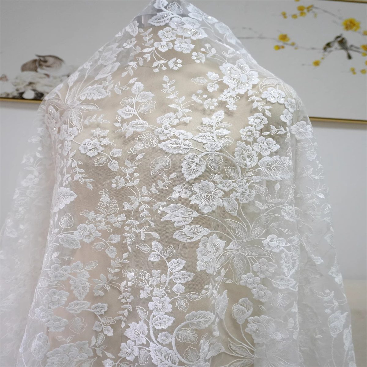 1 Yard Bridal Lace Fabric, Embroidered Sequin Wedding Lace Fabric