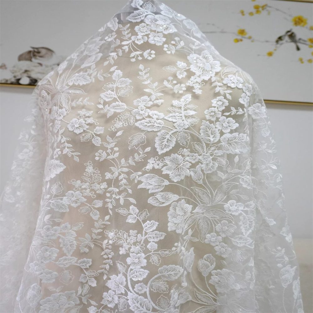1 Yard Bridal Lace Fabric, Embroidered Sequin Wedding Lace Fabric