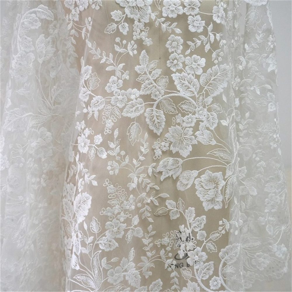 1 Yard Bridal Lace Fabric, Embroidered Sequin Wedding Lace Fabric