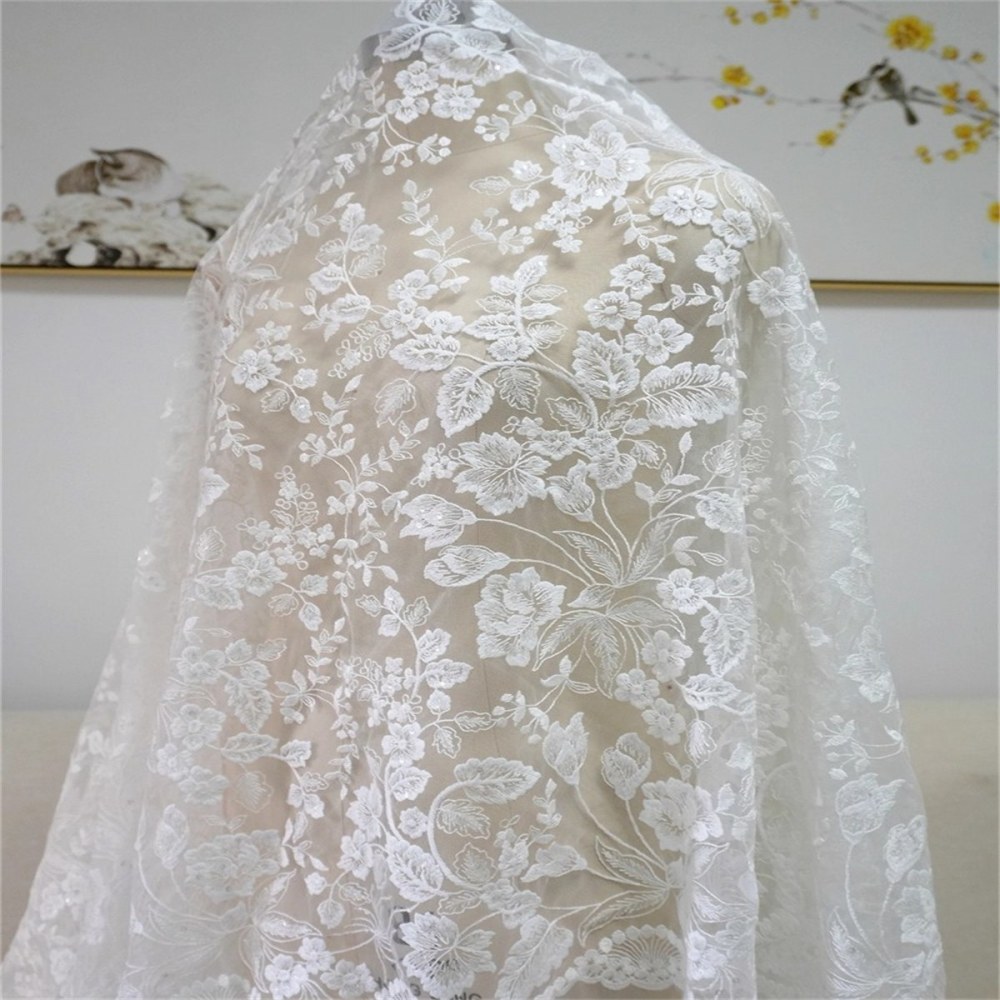 1 Yard Bridal Lace Fabric, Embroidered Sequin Wedding Lace Fabric