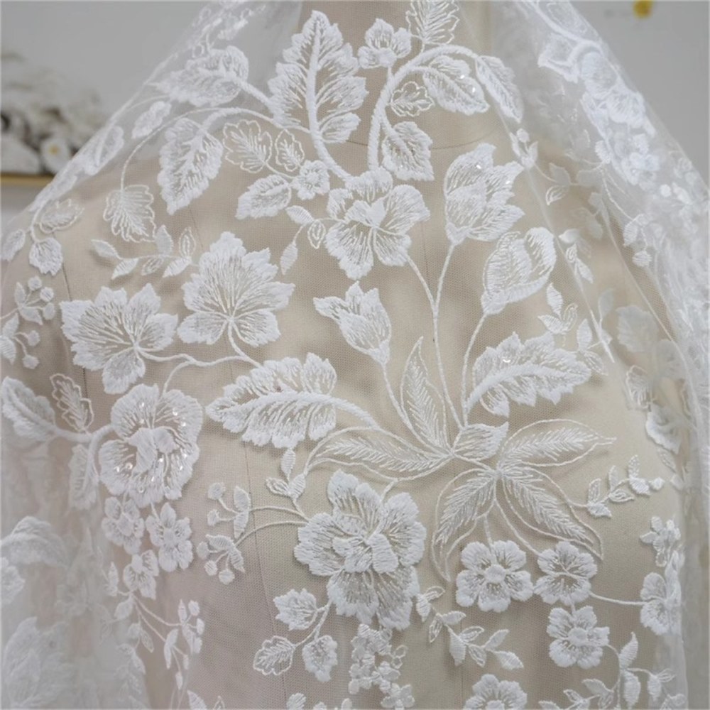 1 Yard Bridal Lace Fabric, Embroidered Sequin Wedding Lace Fabric