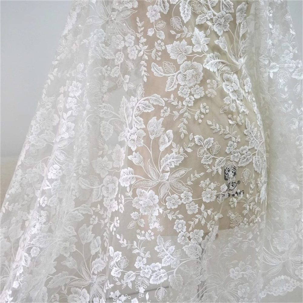 1 Yard Bridal Lace Fabric, Embroidered Sequin Wedding Lace Fabric