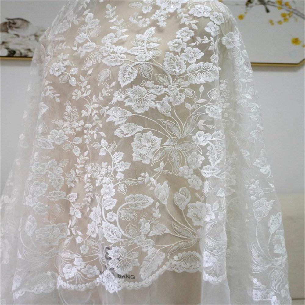 1 Yard Bridal Lace Fabric, Embroidered Sequin Wedding Lace Fabric