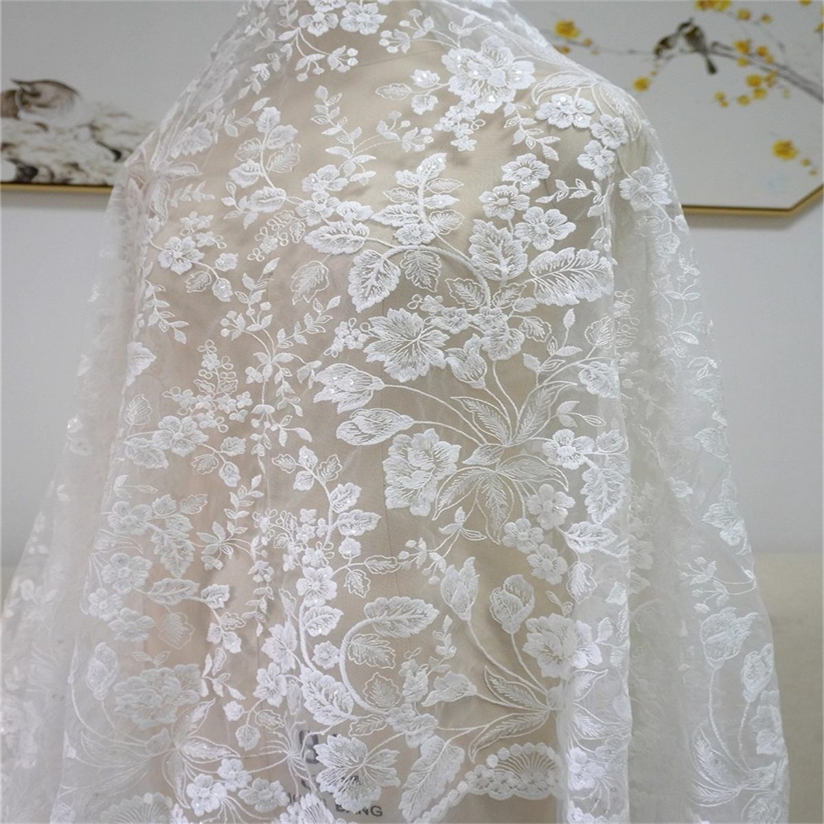 1 Yard Bridal Lace Fabric, Embroidered Sequin Wedding Lace Fabric