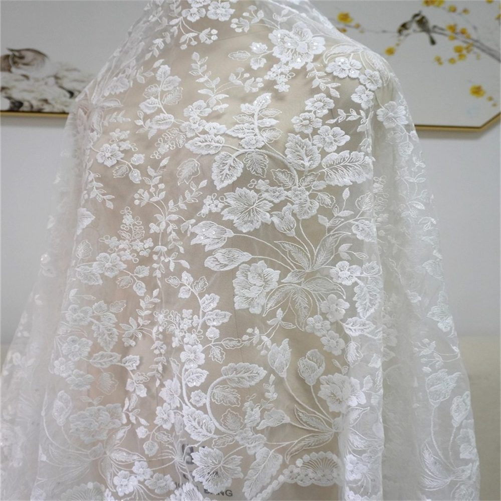 1 Yard Bridal Lace Fabric, Embroidered Sequin Wedding Lace Fabric