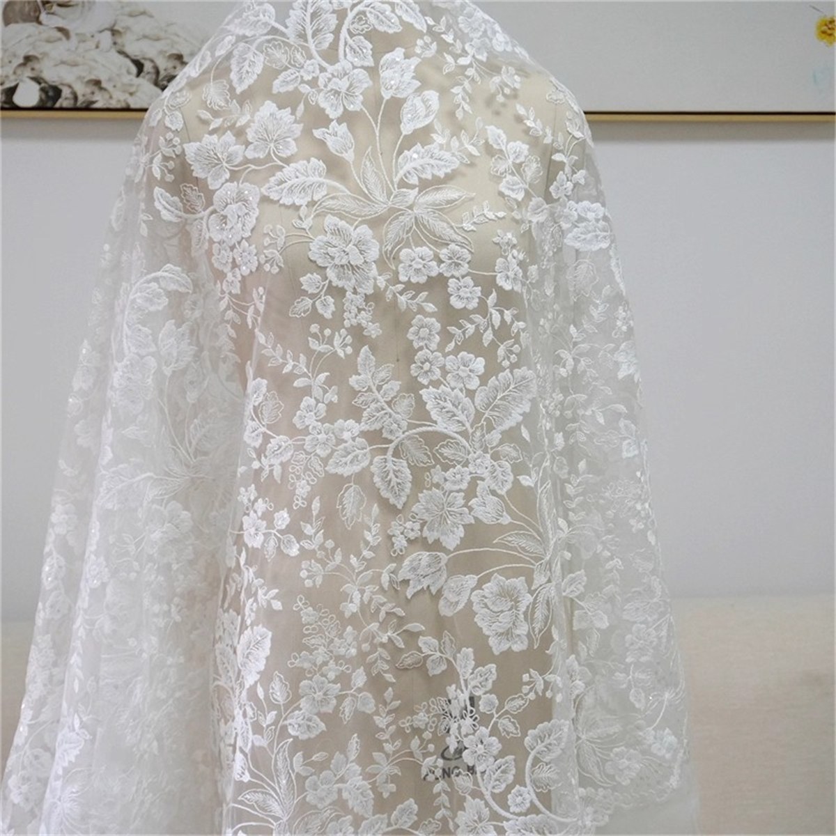 1 Yard Bridal Lace Fabric, Embroidered Sequin Wedding Lace Fabric