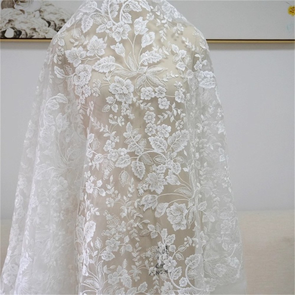 1 Yard Bridal Lace Fabric, Embroidered Sequin Wedding Lace Fabric