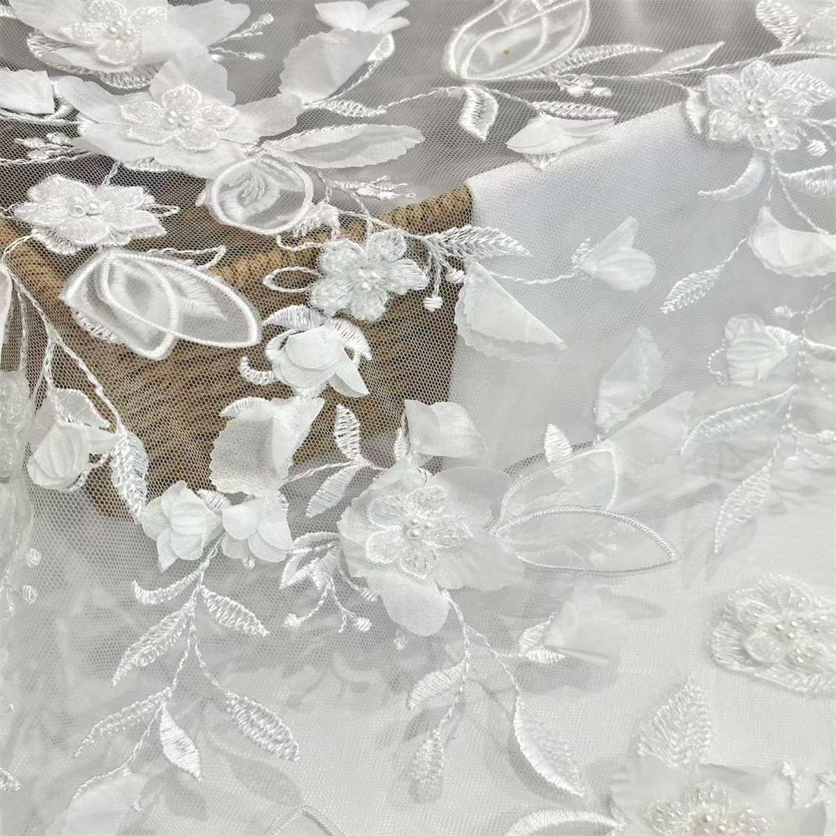 5 Yards 3D Floral Bridal Lace Fabric, Embroidered Beaded Wedding Tulle Lace Fabric with Beads, Pearls, 3D Flowers & Petals | Love in Lace | NO. HN167