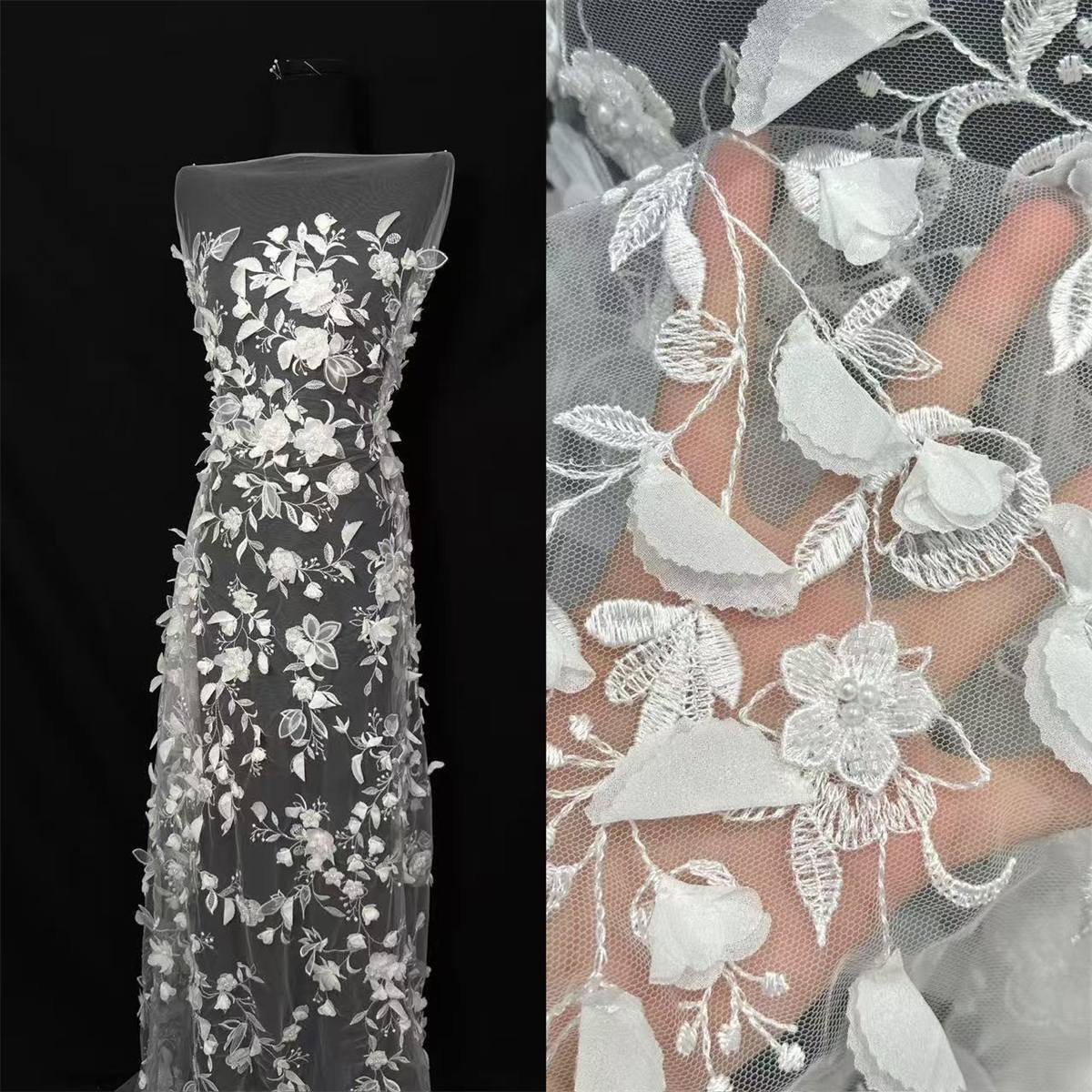 5 Yards 3D Floral Bridal Lace Fabric, Embroidered Beaded Wedding Tulle Lace Fabric with Beads, Pearls, 3D Flowers & Petals | Love in Lace | NO. HN167