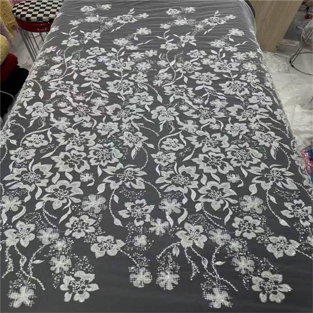 5 Yards 3D Beaded Mesh Fabric, Beaded Wedding, Bridal Fabric, Embellished Fabric with Beads, 3D Flowers & Petals
