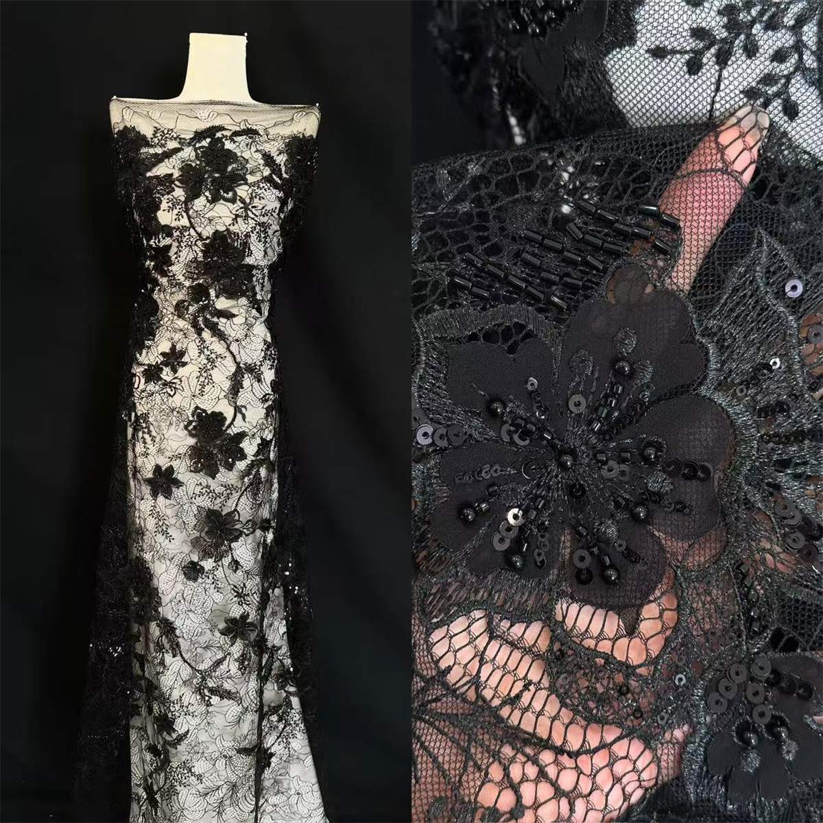 5 Yards Beaded Lace Fabric, 3D Floral Beaded Embroidered Chantilly Lace Fabric for Dresses & Gowns | Love in Lace | NO. HN107
