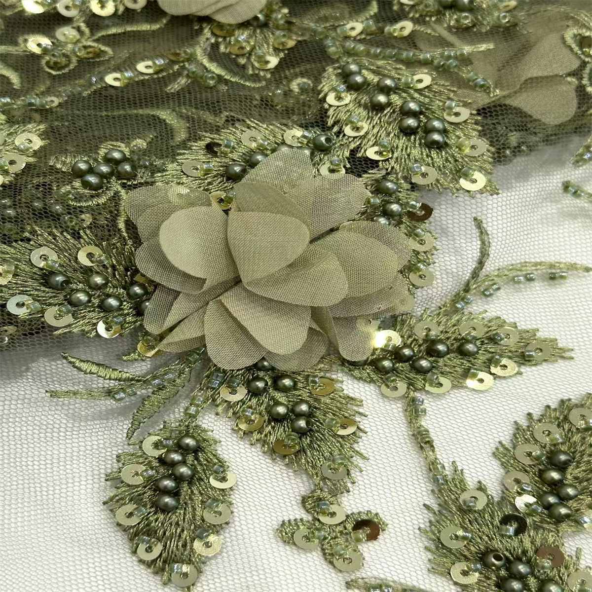 5 Yards 3D Floral Beaded Mesh Fabric, Embroidered Beaded Tulle Fabric Embellished with Beads, Pearls, 3D Flowers & Petals | Love in Lace | NO. HN166