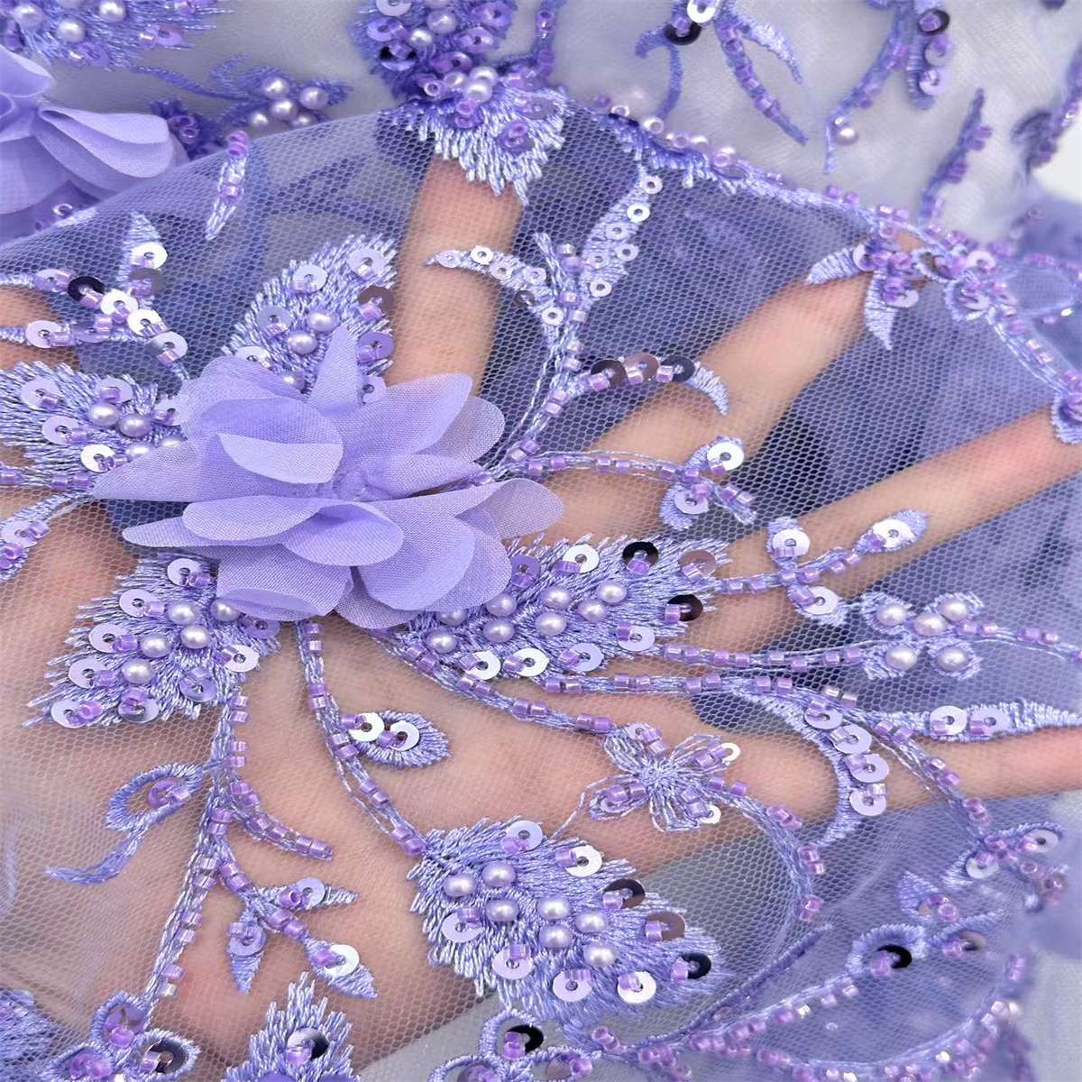 5 Yards 3D Floral Beaded Mesh Fabric, Embroidered Beaded Tulle Fabric Embellished with Beads, Pearls, 3D Flowers & Petals | Love in Lace | NO. HN166