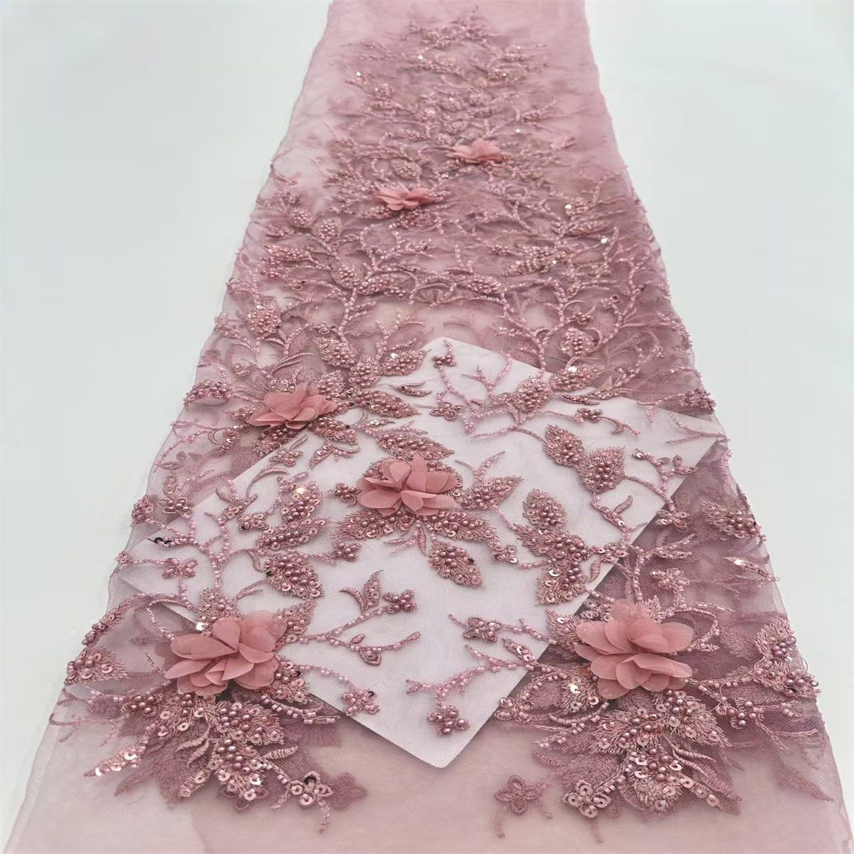 5 Yards 3D Floral Beaded Mesh Fabric, Embroidered Beaded Tulle Fabric Embellished with Beads, Pearls, 3D Flowers & Petals | Love in Lace | NO. HN166