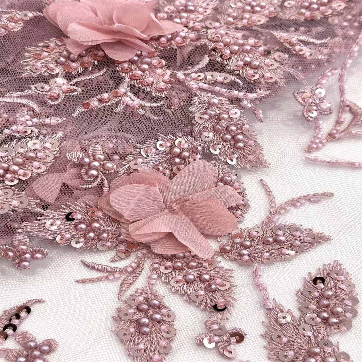 5 Yards 3D Floral Beaded Mesh Fabric, Embroidered Beaded Tulle Fabric Embellished with Beads, Pearls, 3D Flowers & Petals | Love in Lace | NO. HN166