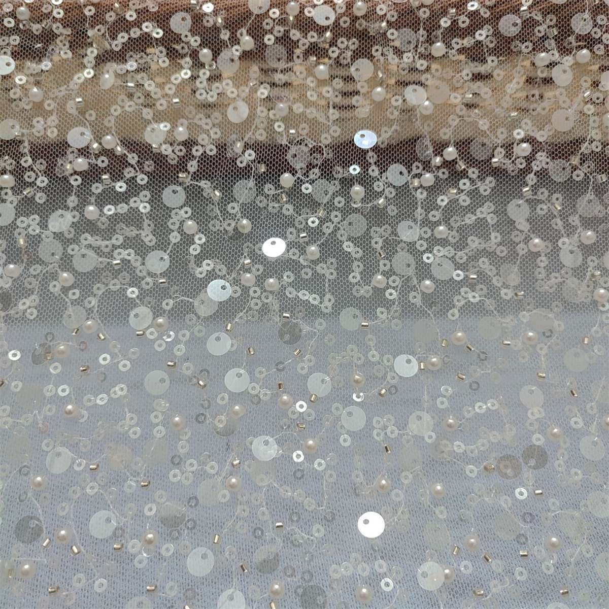 5 Yards Beaded Mesh Fabric for Dresses & Gowns, Embellished Beaded Tulle Fabric with Beads, Pearls & Sequins | Love in Lace | NO. JS103