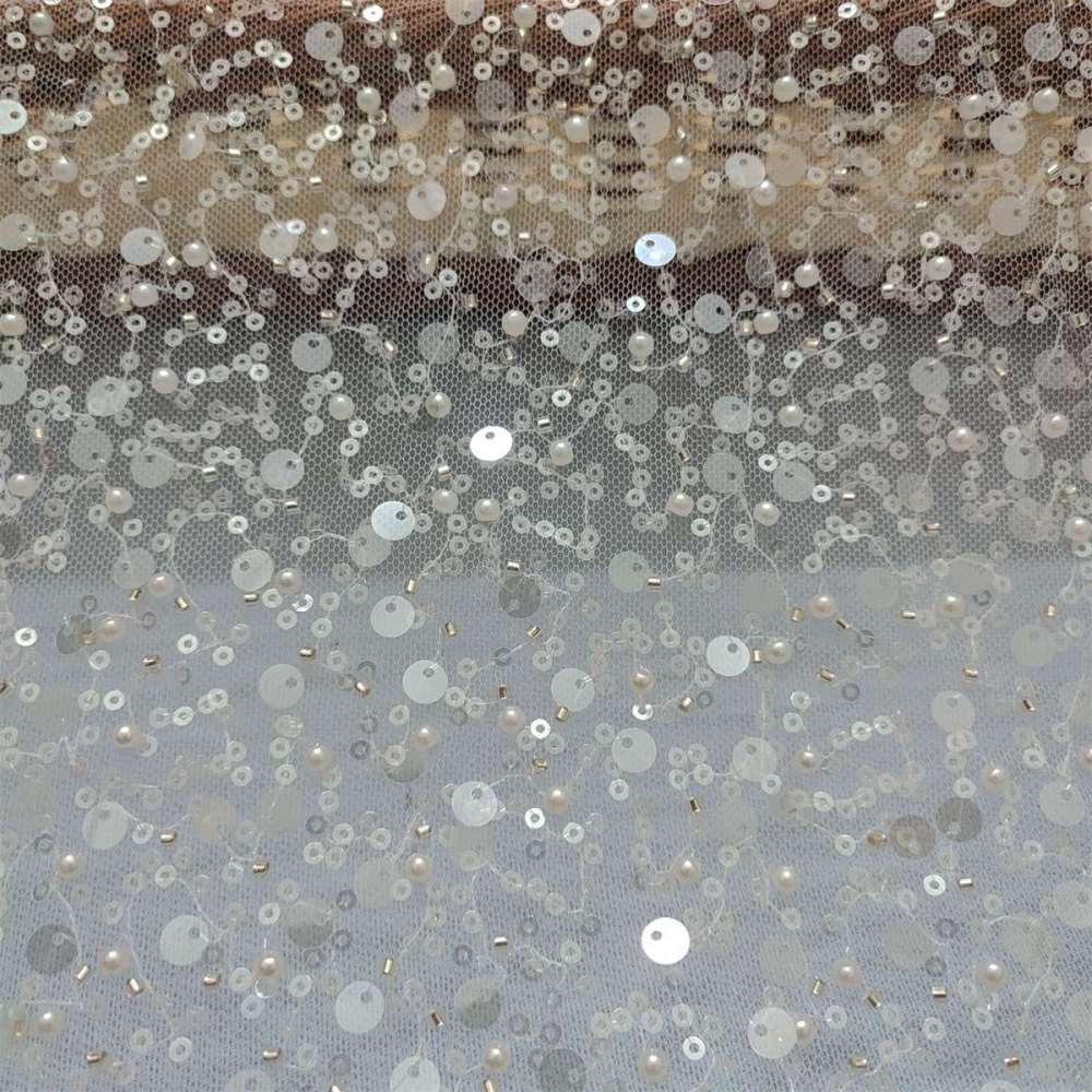 5 Yards Beaded Mesh Fabric for Dresses & Gowns, Embellished Beaded Tulle Fabric with Beads, Pearls & Sequins | Love in Lace | NO. JS103