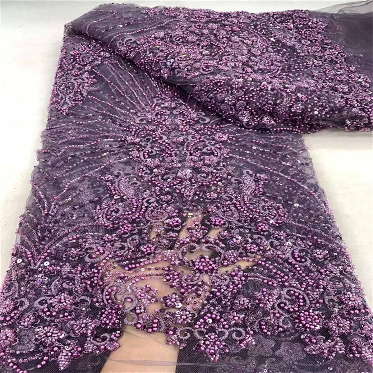 5 Yards Beaded Mesh Fabric, Embroidered Beaded Embellished Tulle Fabric with Beads, Pearls & Sequins | Love in Lace | NO. JX467