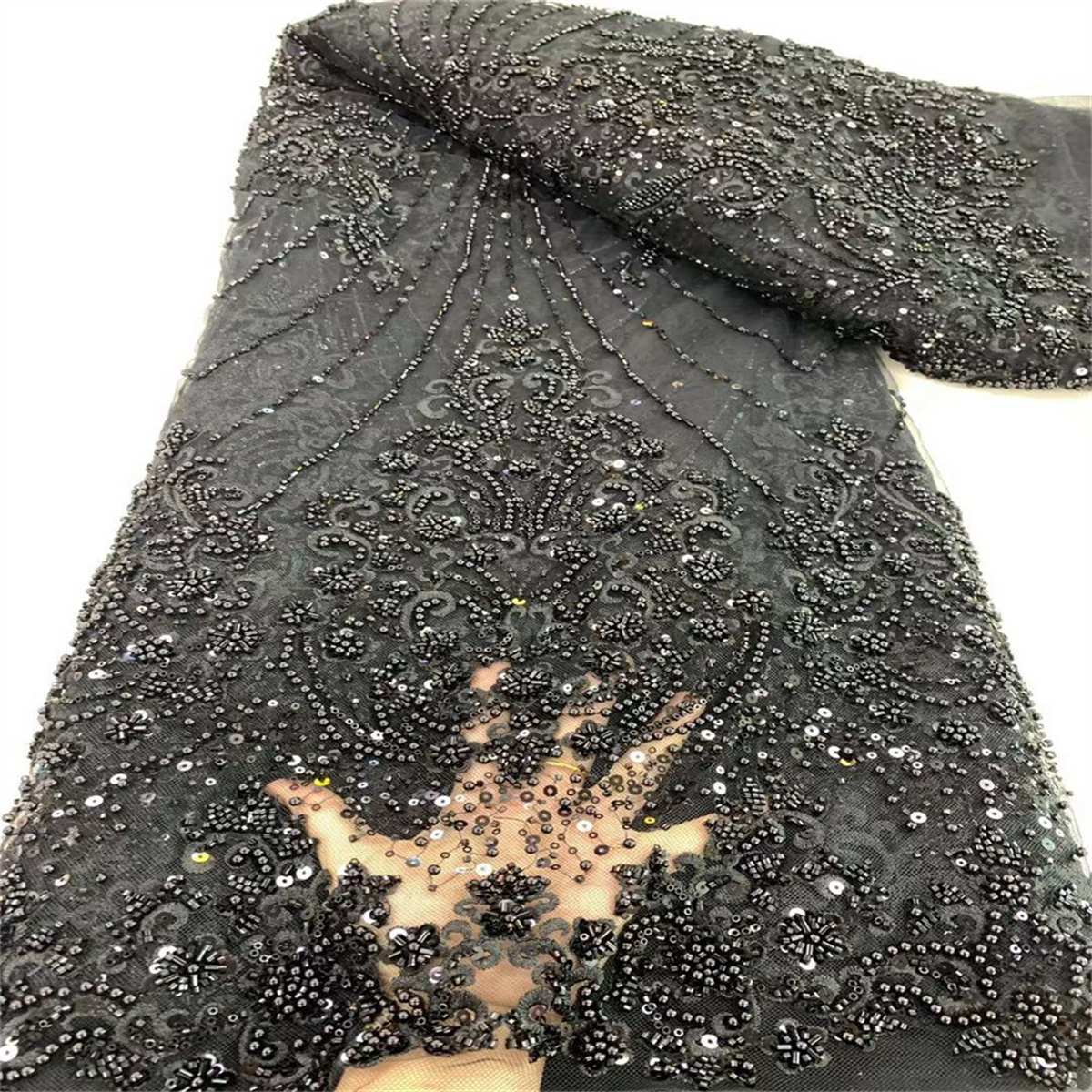5 Yards Beaded Mesh Fabric, Embroidered Beaded Embellished Tulle Fabric with Beads, Pearls & Sequins | Love in Lace | NO. JX467