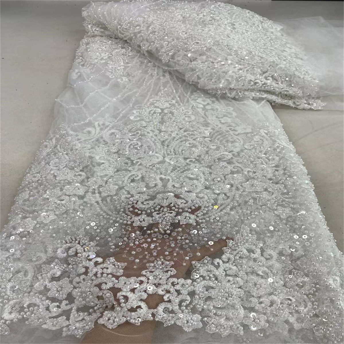 5 Yards Beaded Mesh Fabric, Embroidered Beaded Embellished Tulle Fabric with Beads, Pearls & Sequins | Love in Lace | NO. JX467