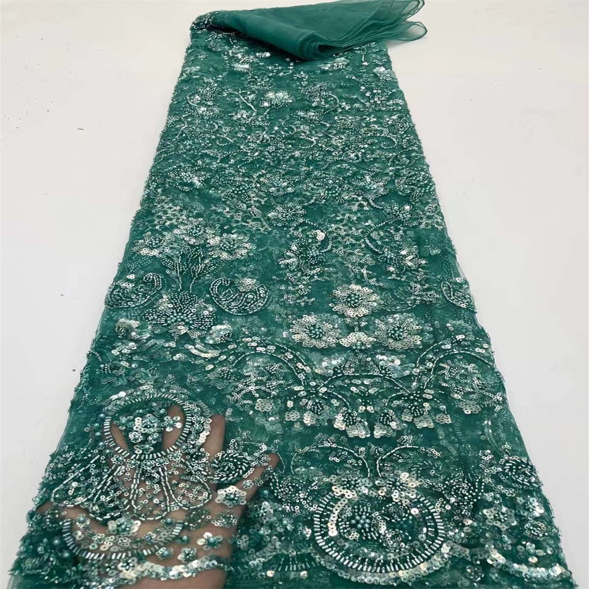 Luxury Crystal Beaded Pearl Embroidered Lace Fabric – 5 Yards for Wedding & Evening Dresses