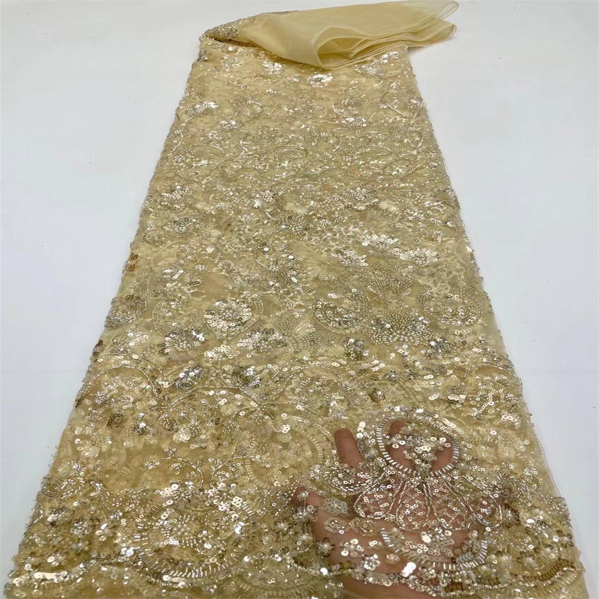 Luxury Crystal Beaded Pearl Embroidered Lace Fabric – 5 Yards for Wedding & Evening Dresses