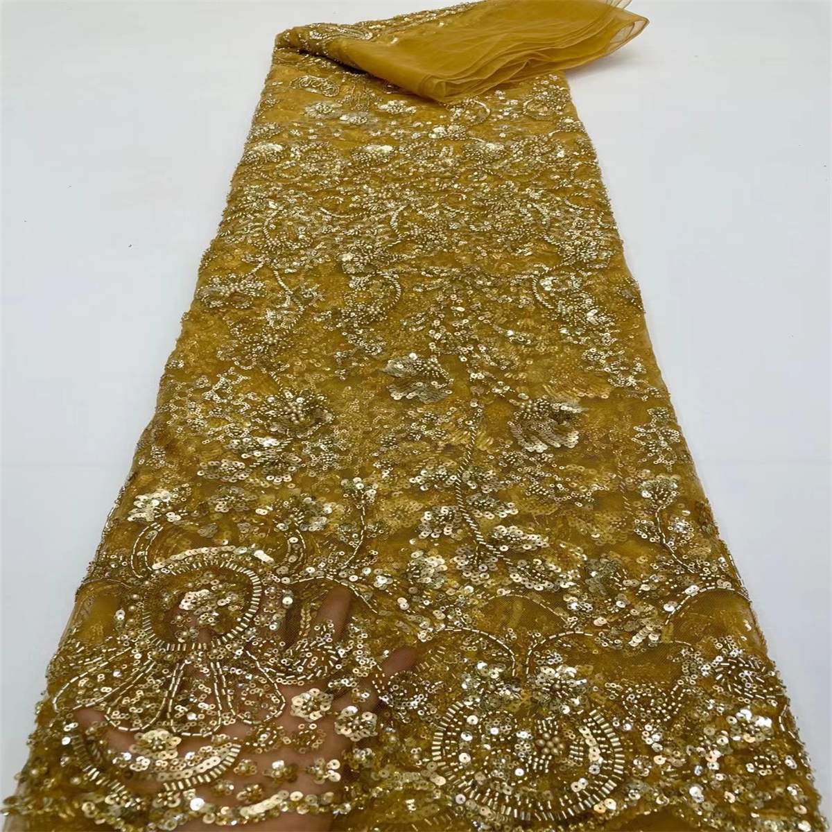 Luxury Crystal Beaded Pearl Embroidered Lace Fabric – 5 Yards for Wedding & Evening Dresses