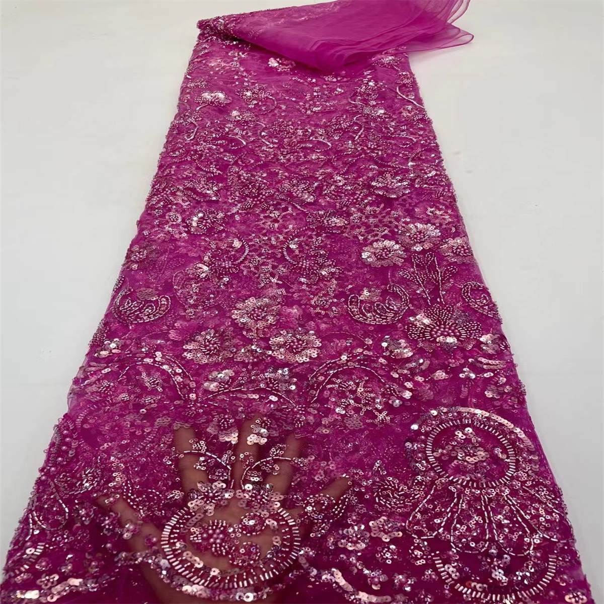 Luxury Crystal Beaded Pearl Embroidered Lace Fabric – 5 Yards for Wedding & Evening Dresses